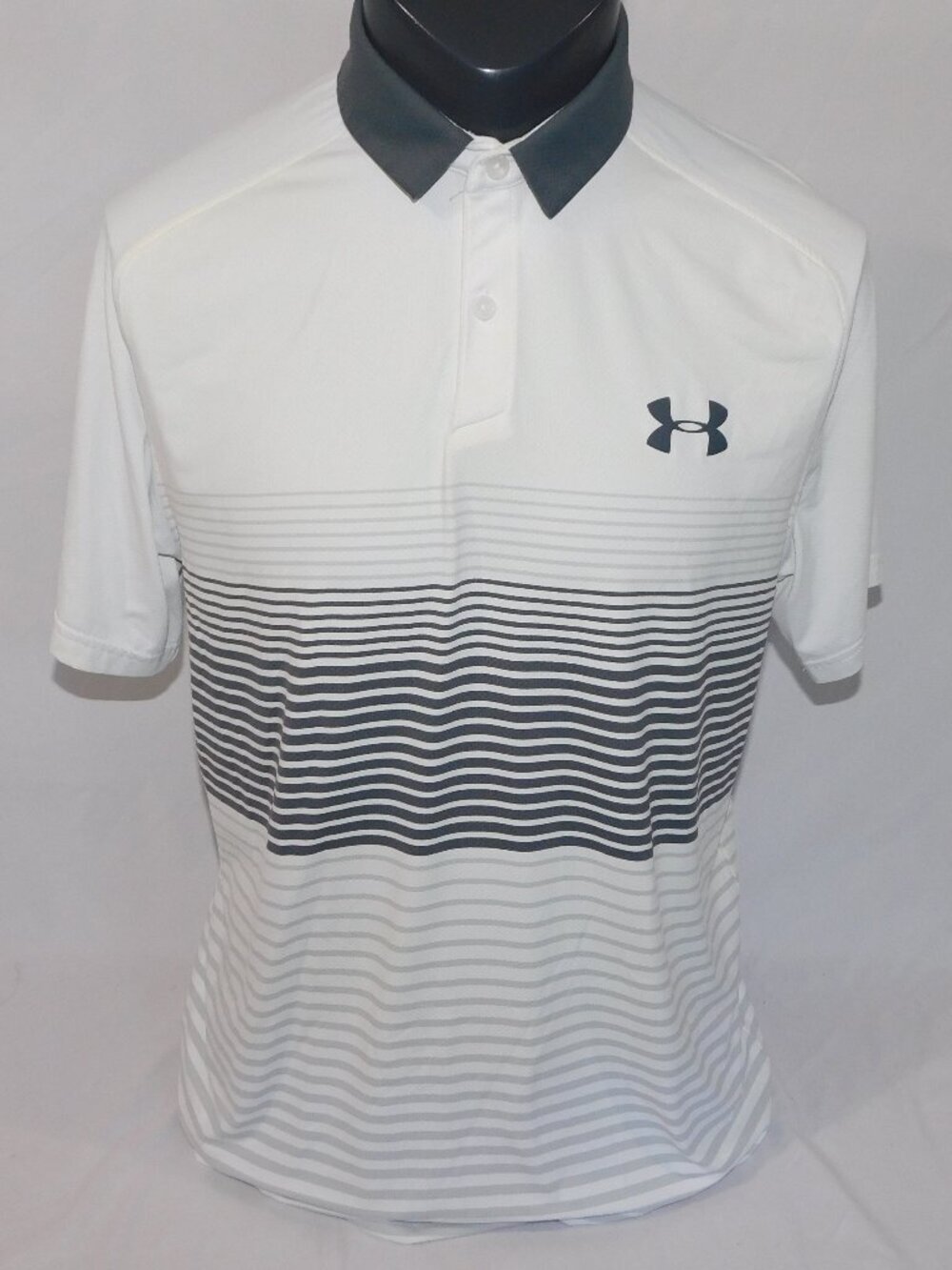 Under Armour Loose Heatgear White / Off White Gray Striped Golf Polo Shirt Men M